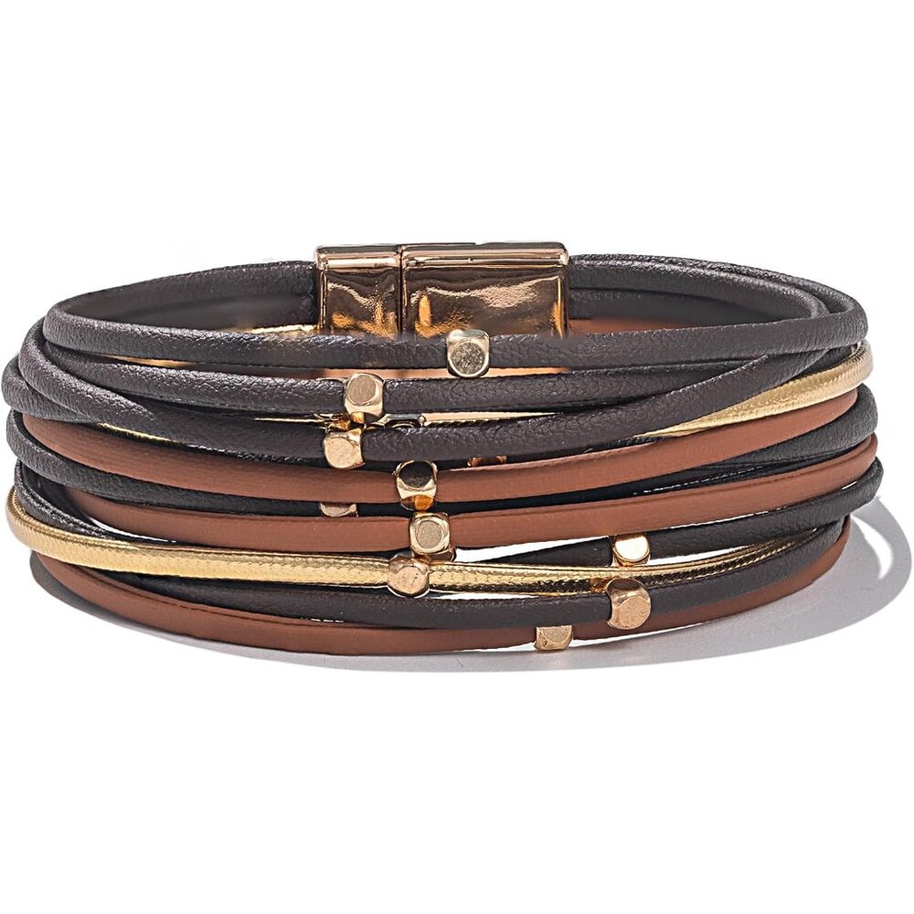 Beaded Leather Wrap Bracelets Cute Boho Stackable Bangle Cuff with Magnetic Clas